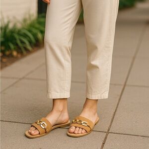 Chain-Embellished Tan Slide Sandals